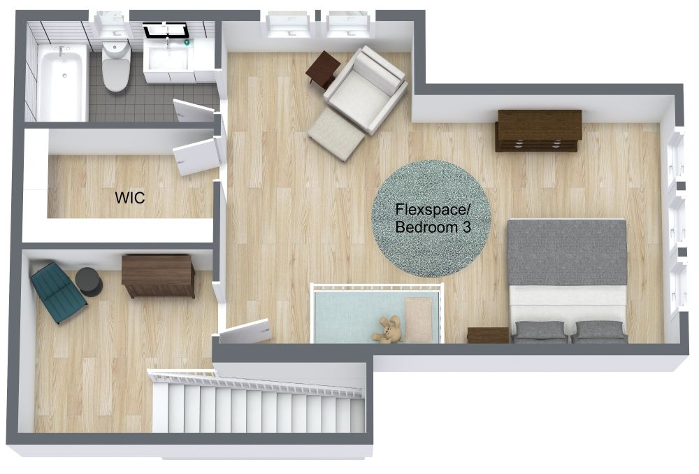 3 Bedroom 3 Bathroom 3D House Plan, First Floor
