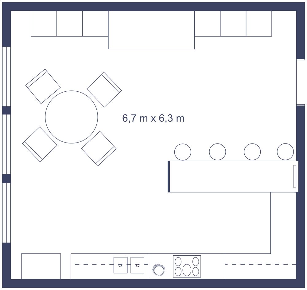 Grundriss für eine Küche mit Halbinsel 2D Grundrisse