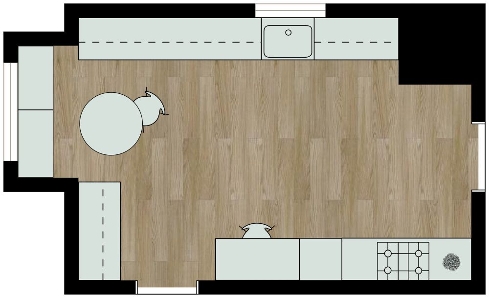 Gemütliches Küchenlayout mit viel Arbeitsfläche 2D Grundrisse