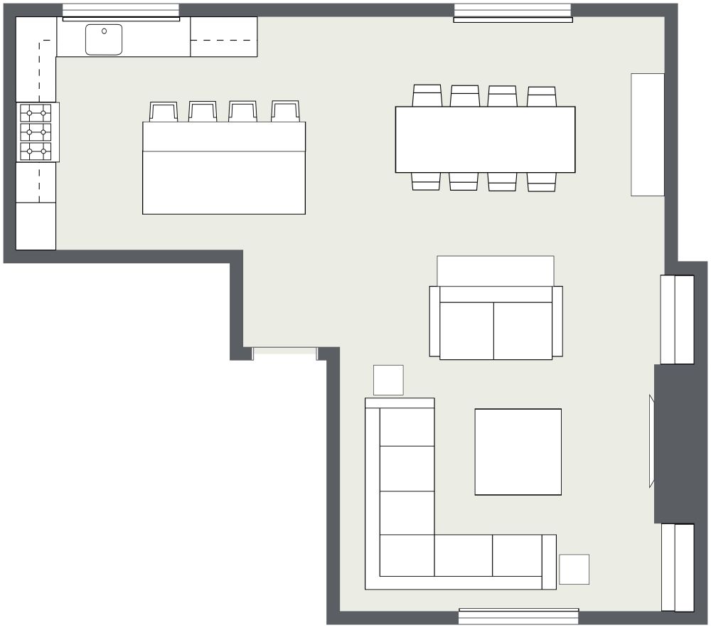 Grundriss für offene Küche und Wohnzimmer 2D Grundrisse