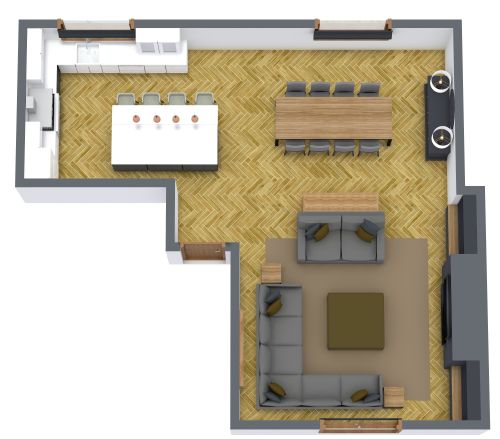 Grundriss für offene Küche und Wohnzimmer