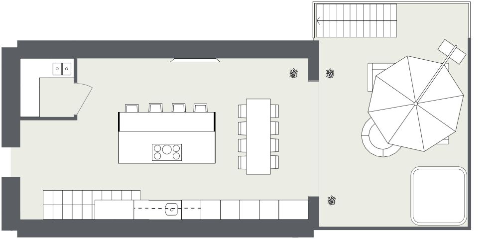 Küche im Esszimmer mit Speisekammer 2D Grundrisse