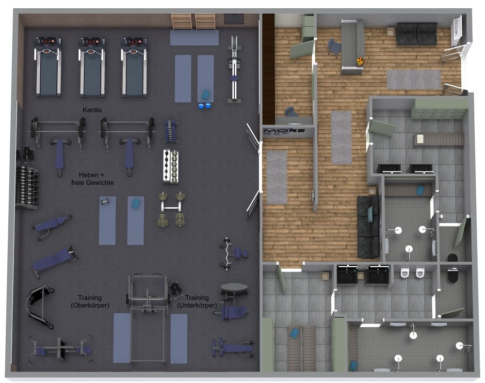 Grundriss für ein dunkles und maskulines Fitnessstudio
