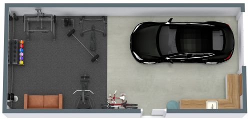 Trainingsraum in der Garage mit Sofa und Kochnische