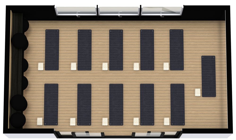 Grundriss für ein Yogastudio mit schwarzen Details