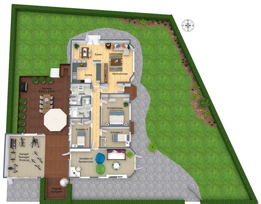 Grundriss für Haus mit einem großen, grünen Garten