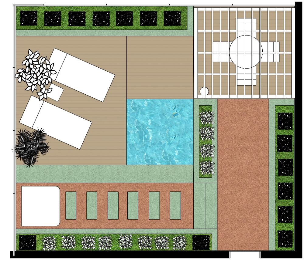 Luxuriöse Gartengestaltung mit Schwimmbad 2D Grundrisse