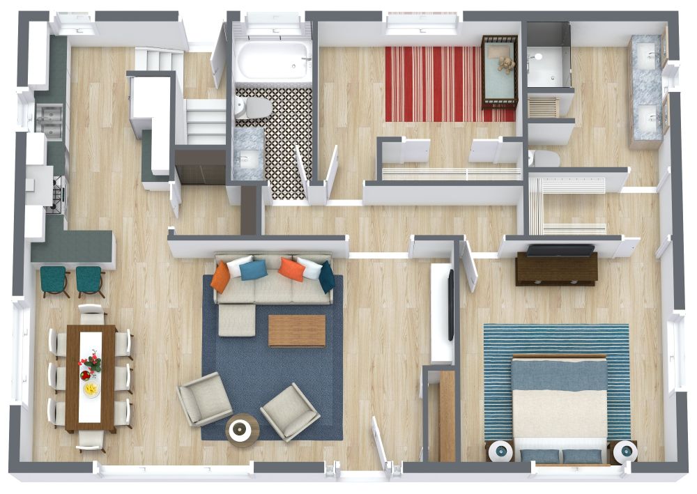 2 Story 4 Bedroom 3D Layout, Ground Floor