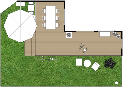 L-förmiger Garten mit Holzterrasse
