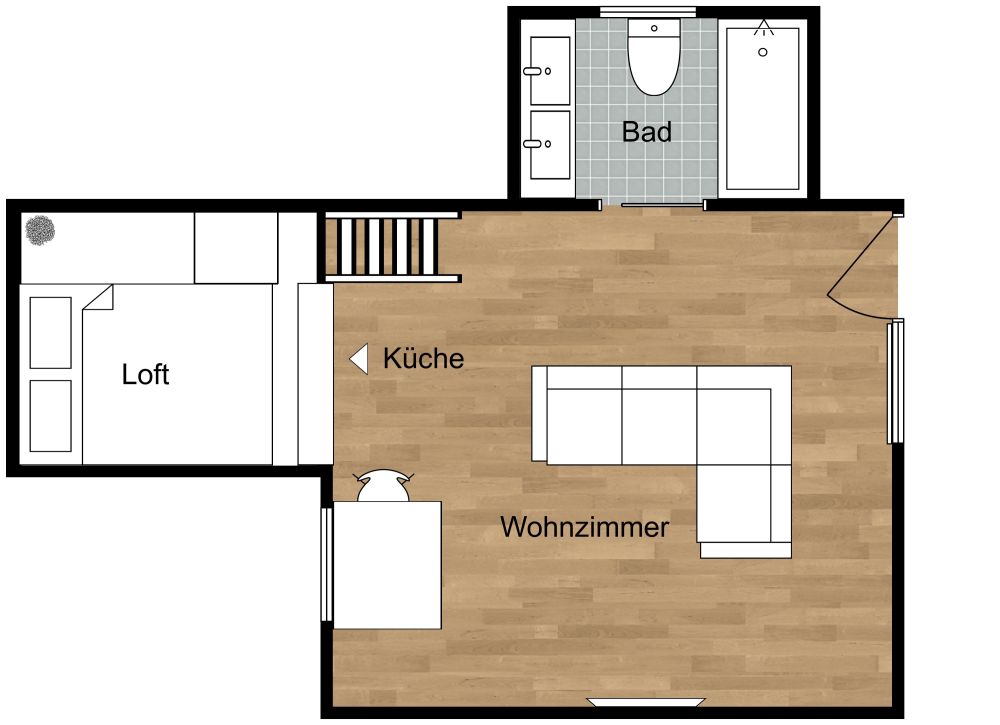 Grundriss für ein Tiny House mit Schlafzimmer-Loft 2D Grundrisse