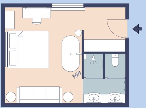 Grundriss für ein blaues Boutique-Hotelzimmer