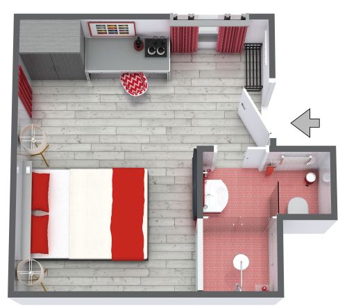 Hotelzimmer in Grau und Rot