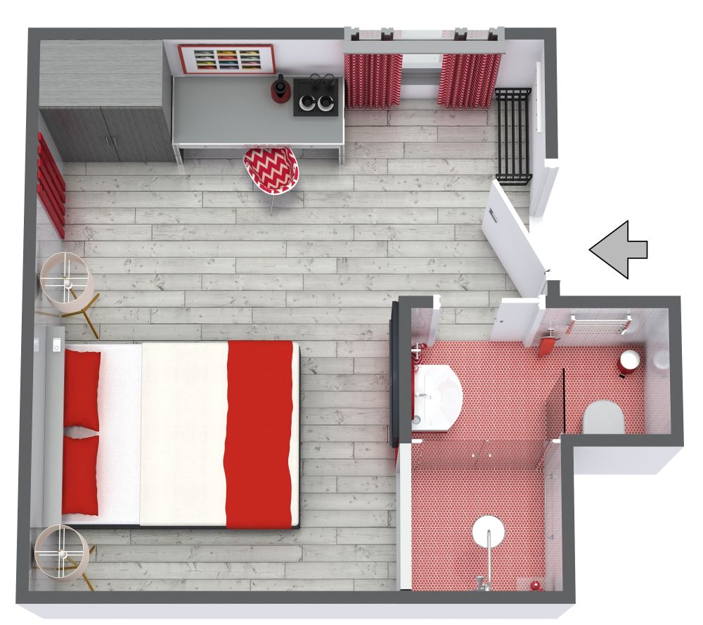 Hotelzimmer in Grau und Rot