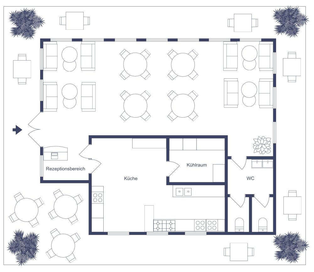 Gemütliches und farbenfrohes Restaurant mit Außenbereich 2D Grundrisse