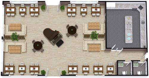 Grundriss für ein warmes, elegantes Restaurant mit Konzertflügel