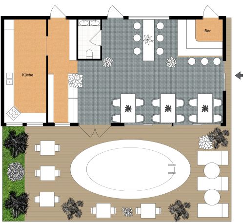 Grundriss für ein thailändisch-inspiriertes Restaurant mit Poolbereich
