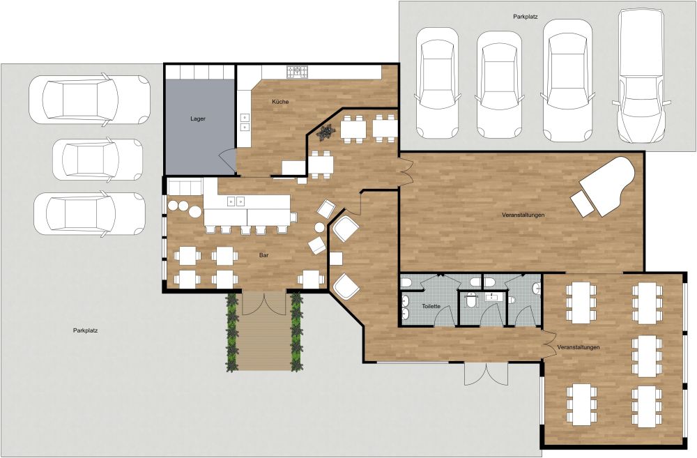 Grundriss für ein Restaurant mit großem Parkplatz 2D Grundrisse