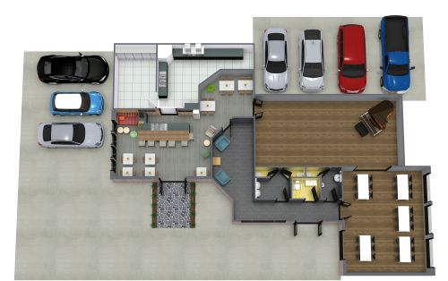 Grundriss für ein Restaurant mit großem Parkplatz
