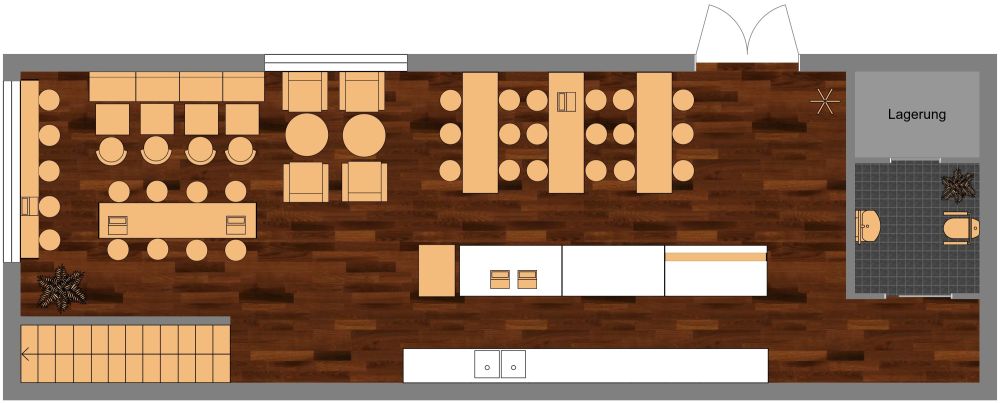 Helles Café mit platzsparenden Sitzgelegenheiten 2D Grundrisse