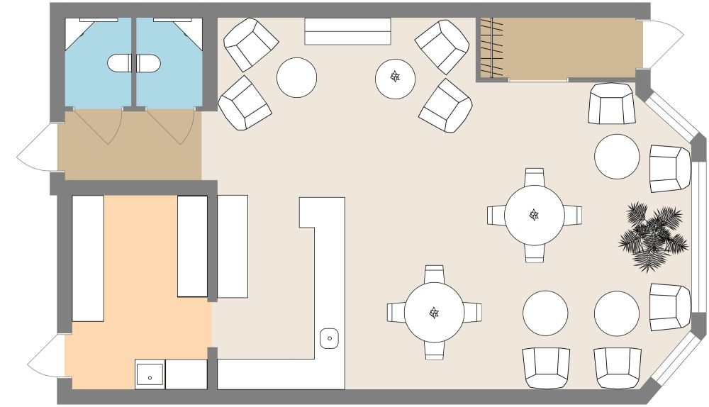 Grundriss für ein gemütliches und elegantes Café mit Kamin 2D Grundrisse