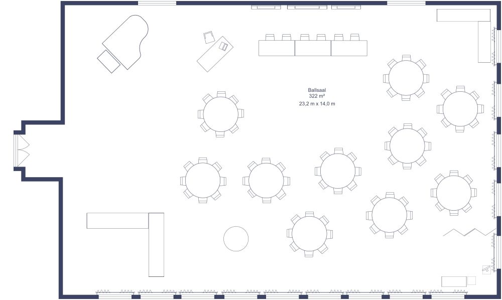 Layout-Idee für eine klassische Hochzeitslocation 2D Grundrisse