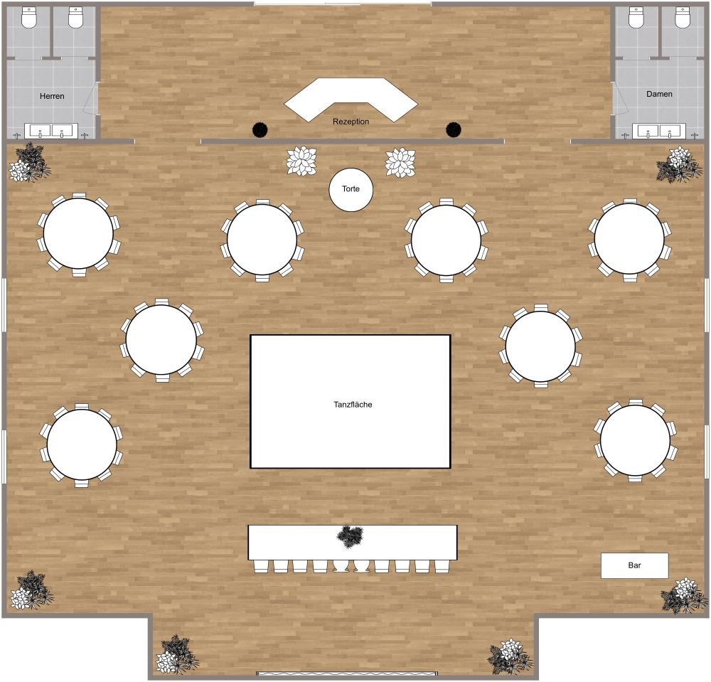 Tischordnung für eine Hochzeitslocation 2D Grundrisse