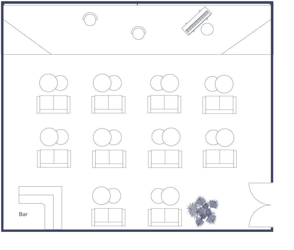 Grundriss für einen gemütlichen Konzertsaal mit Sofa-Bestuhlung 2D Grundrisse
