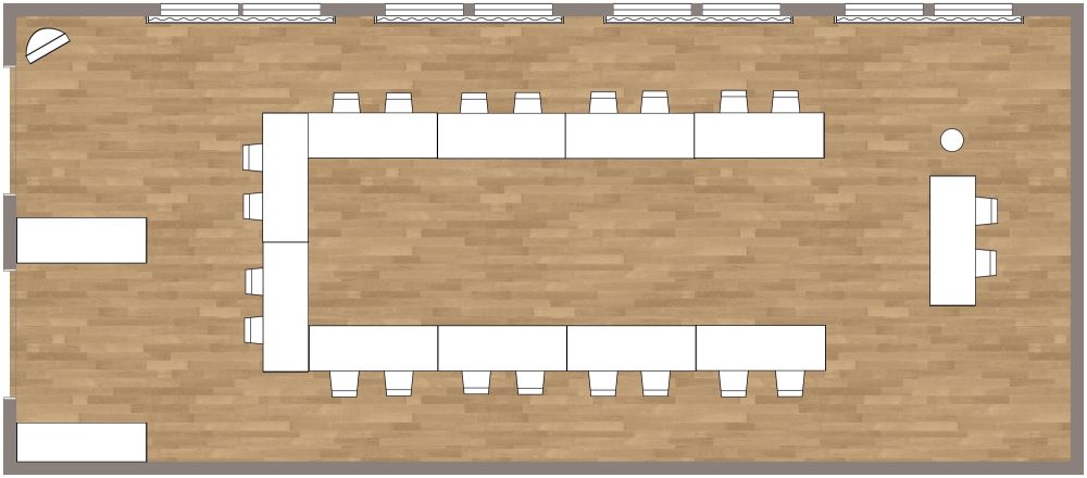 Grundriss für einen U-förmigen Konferenzraum mit zwei Moderatoren 2D Grundrisse