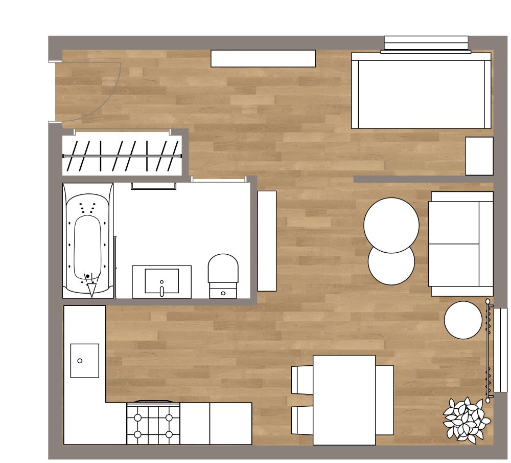 Platzsparendes Studio-Apartment mit großem Bad 2D Grundrisse