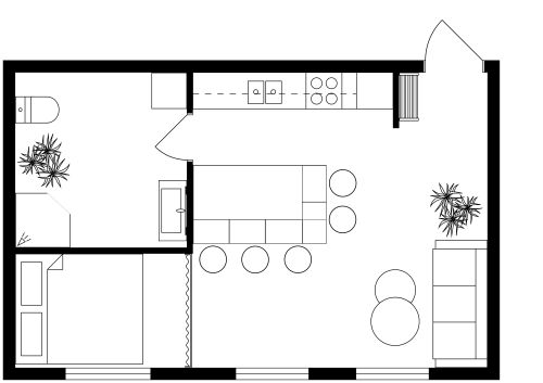 Grundriss für ein Studio-Apartment im industriellen Stil