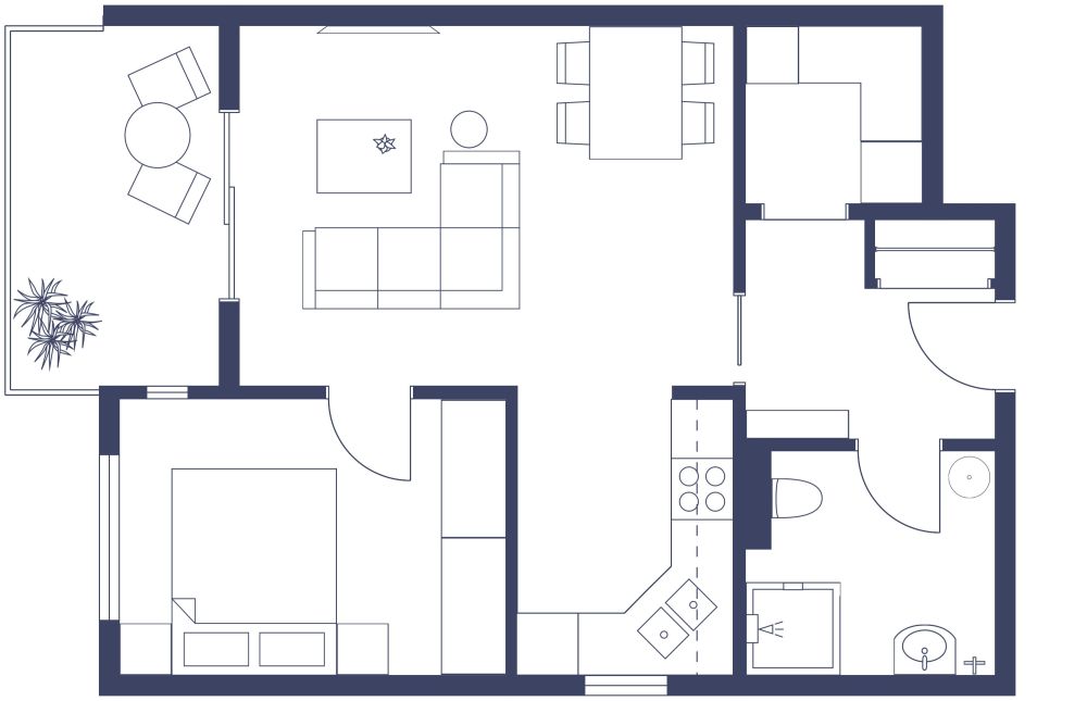 Grundriss für eine 2-Zimmer-Wohnung mit separatem Hauswirtschaftsraum 2D Grundrisse
