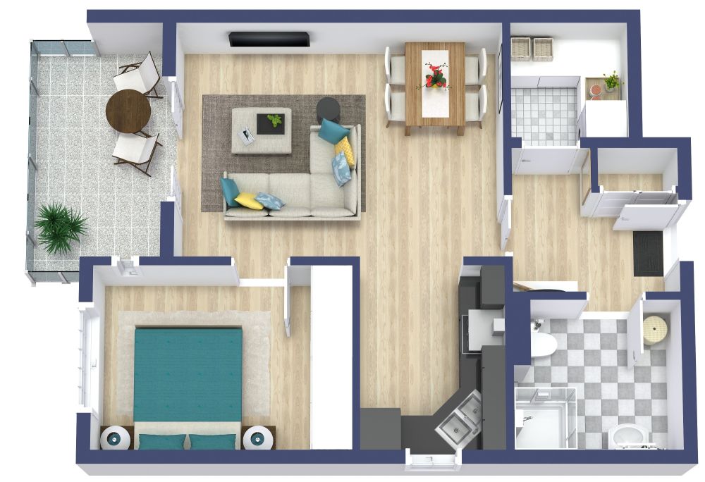 Grundriss für eine 2-Zimmer-Wohnung mit separatem Hauswirtschaftsraum