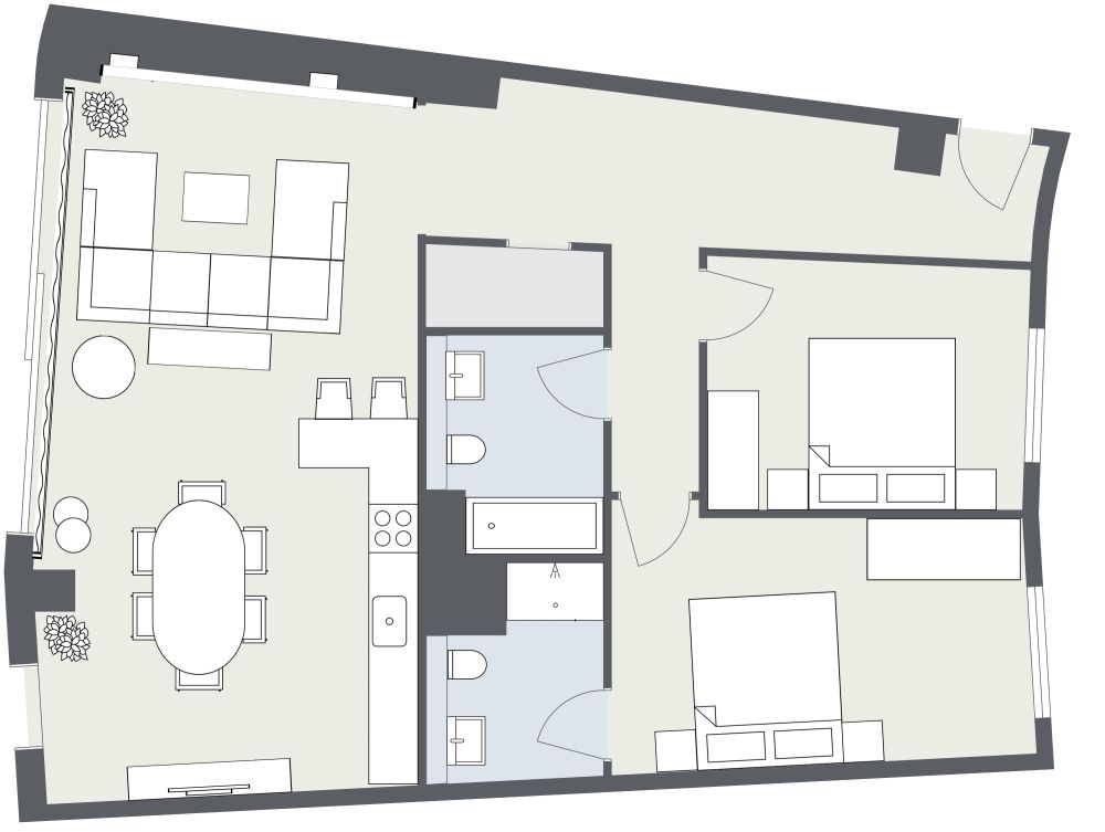 Grundriss für eine Wohnung mit 2 Schlafzimmern 2D Grundrisse
