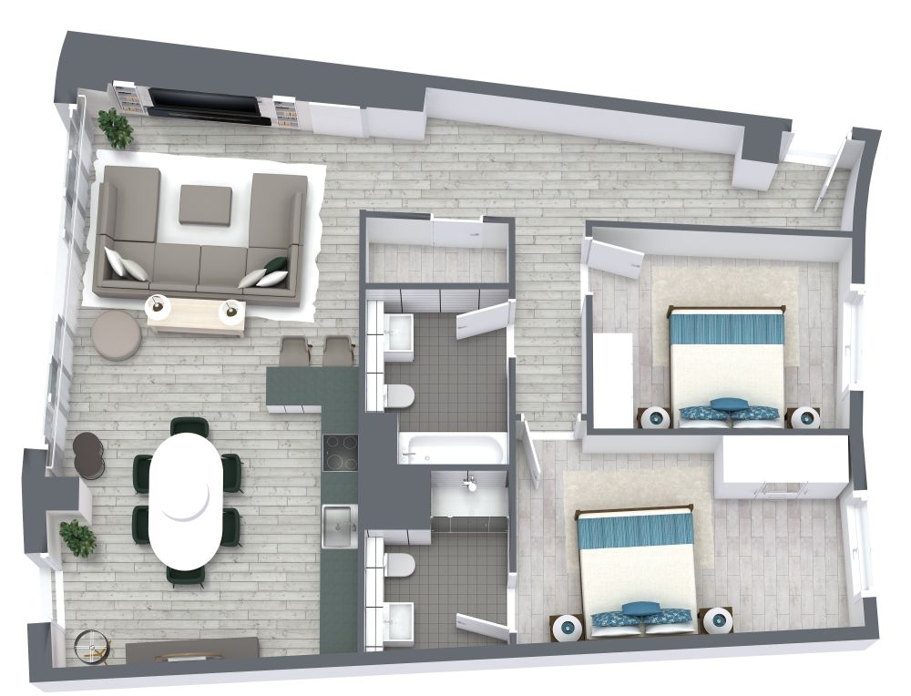 Grundriss für eine Wohnung mit 2 Schlafzimmern