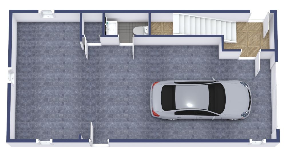 Grundriss für eine 3-Zimmer-Garagenwohnung mit Balkon 3D Grundrisse