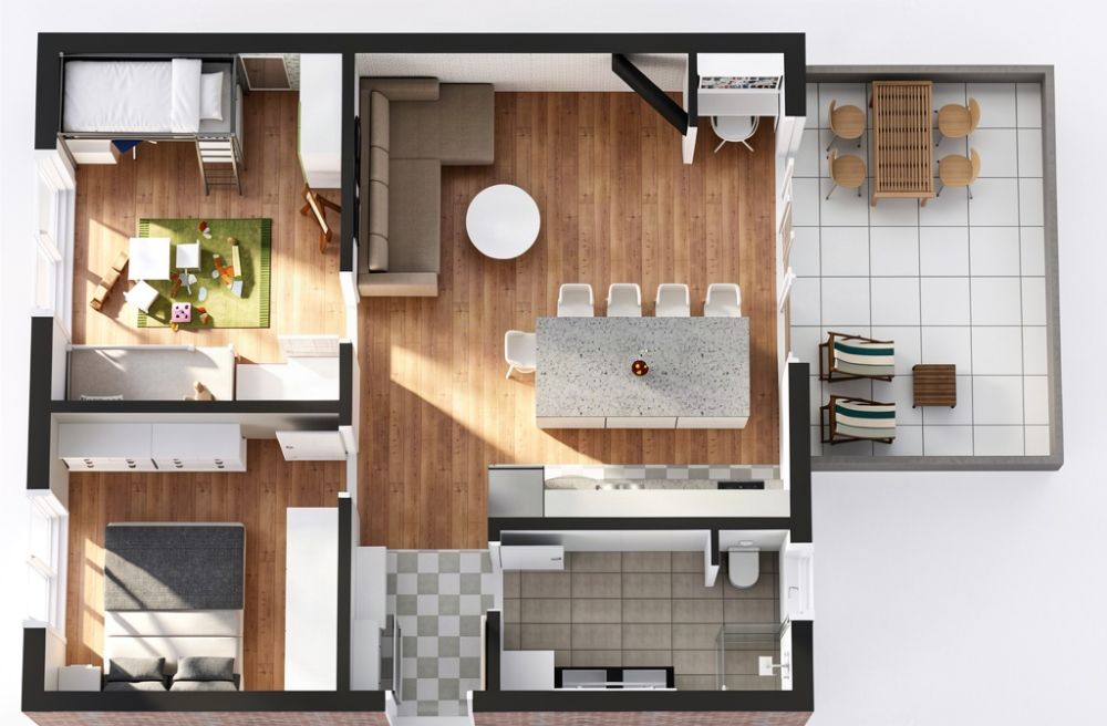 Grundriss für eine 3-Zimmer-Wohnung mit Eltern- und Kinderzimmer