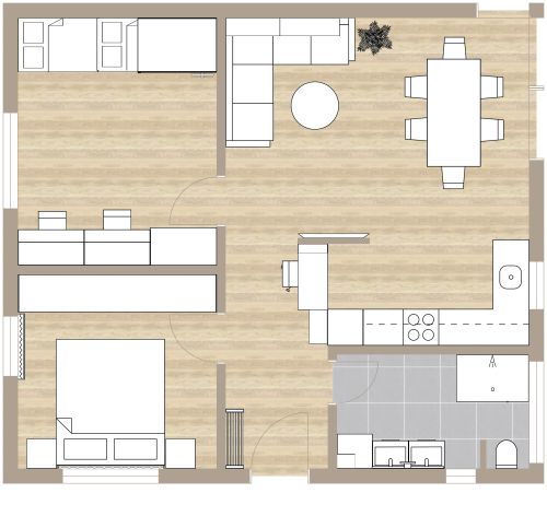 Grundriss für eine 3-Zimmer-Wohnung mit Etagenbetten