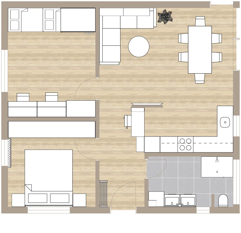 Grundriss für eine 3-Zimmer-Wohnung mit Etagenbetten 2D Grundrisse