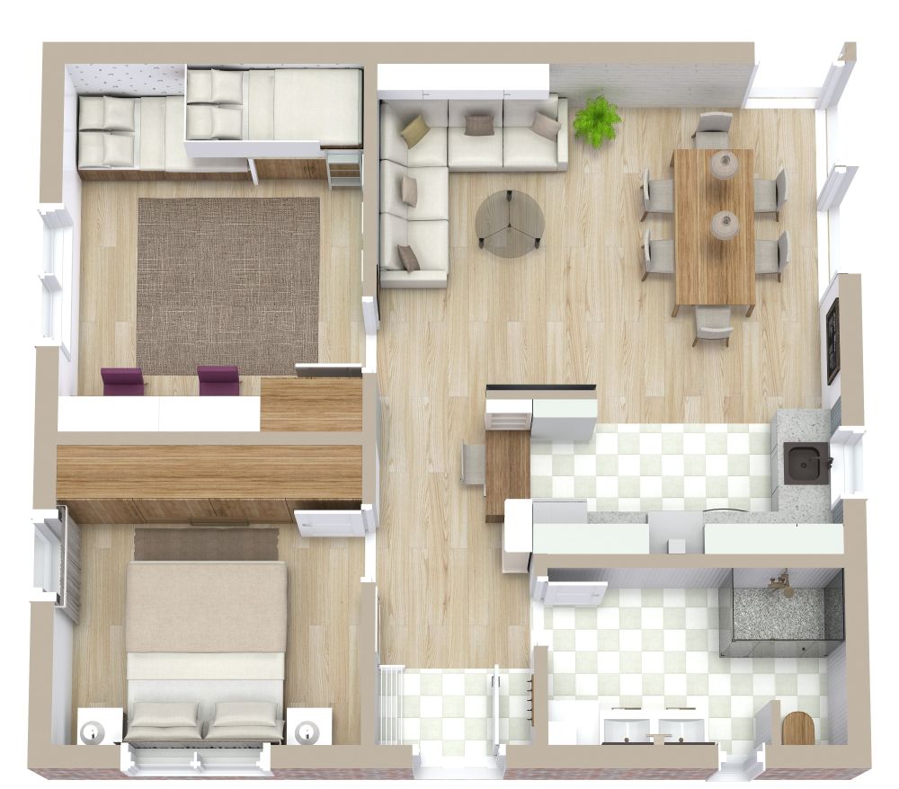 Grundriss für eine 3-Zimmer-Wohnung mit Etagenbetten