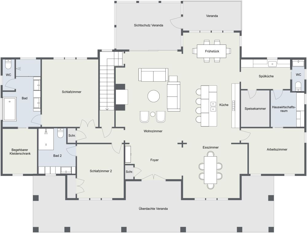 Grundriss für eine große Wohnung mit 2 Schlafzimmern und 1 Arbeitszimmer 2D Grundrisse