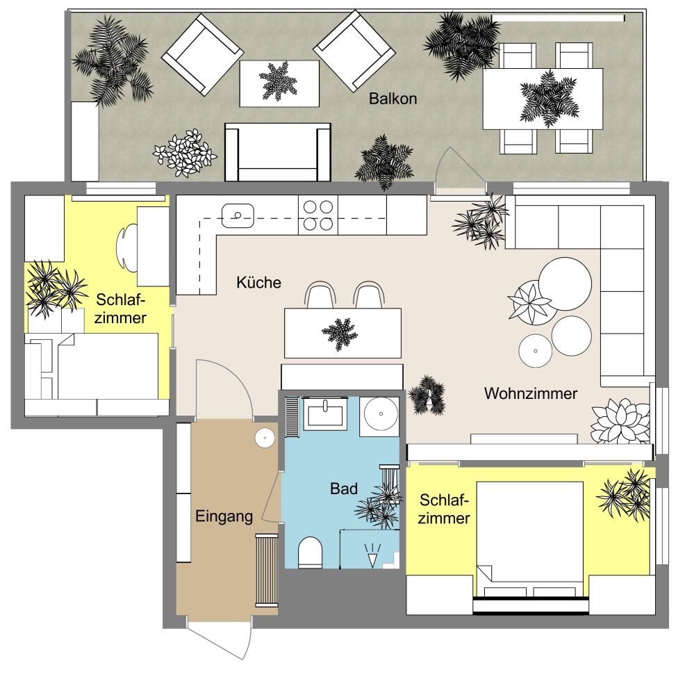Grundriss für eine 3-Zimmer-Wohnung mit großem Balkon 2D Grundrisse
