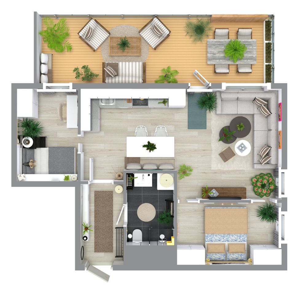 Grundriss für eine 3-Zimmer-Wohnung mit großem Balkon