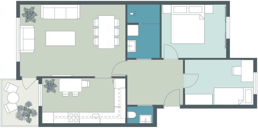 Grundriss für eine Wohnung mit 2 Schlafzimmern und L-förmiger Küche 2D Grundrisse