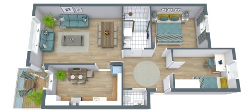 Grundriss für eine Wohnung mit 2 Schlafzimmern und L-förmiger Küche