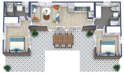 Grundriss für ein Tiny House mit 2 Schlafzimmern und Veranda