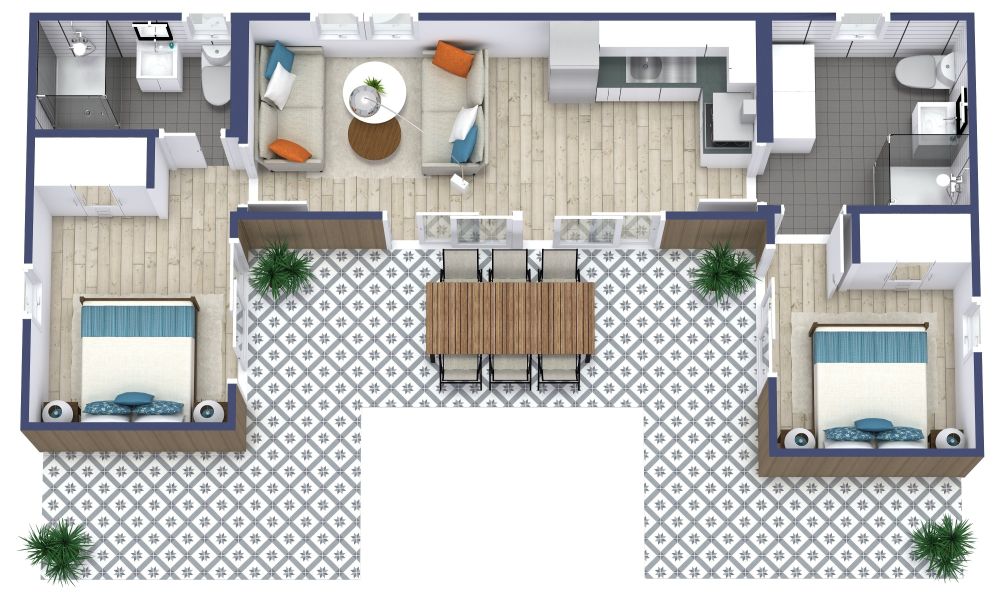 Grundriss für ein Tiny House mit 2 Schlafzimmern und Veranda
