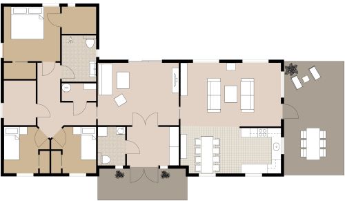 Grundriss für eine Wohnung mit 3 Schlafzimmern und U-förmige Küche