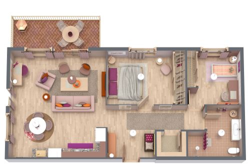 Grundriss für ein Haus mit 2 Schlafzimmern mit altrosa Inneneinrichtung