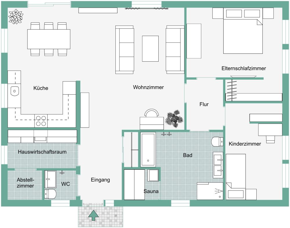 Stilvolles Layout für eine 3-Zimmer-Wohnung mit großem Bad 2D Grundrisse