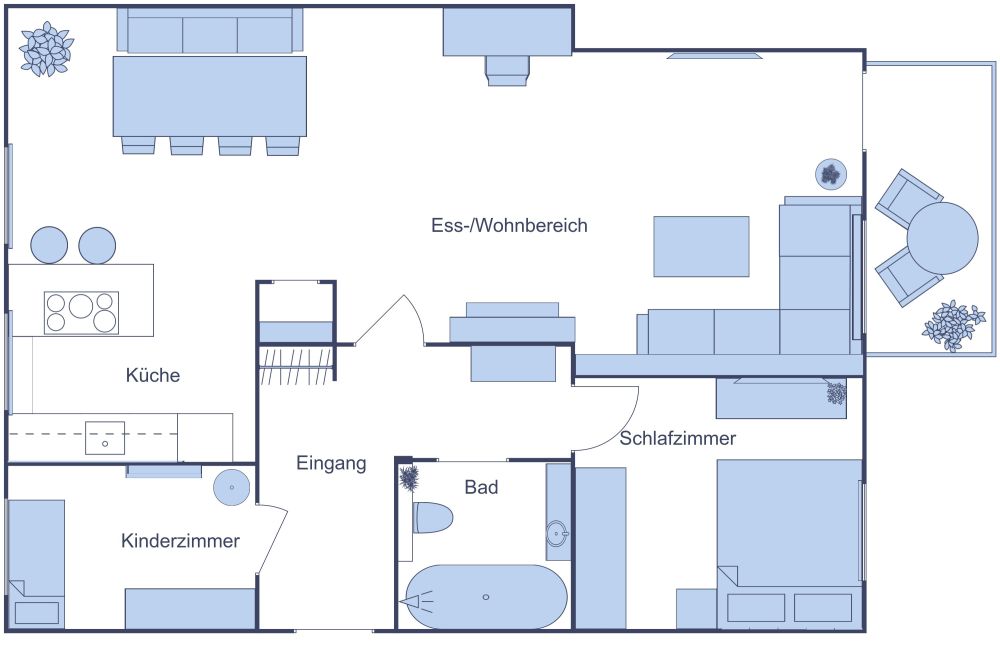 Grundriss für eine funktionale 3-Zimmer-Wohnung 2D Grundrisse